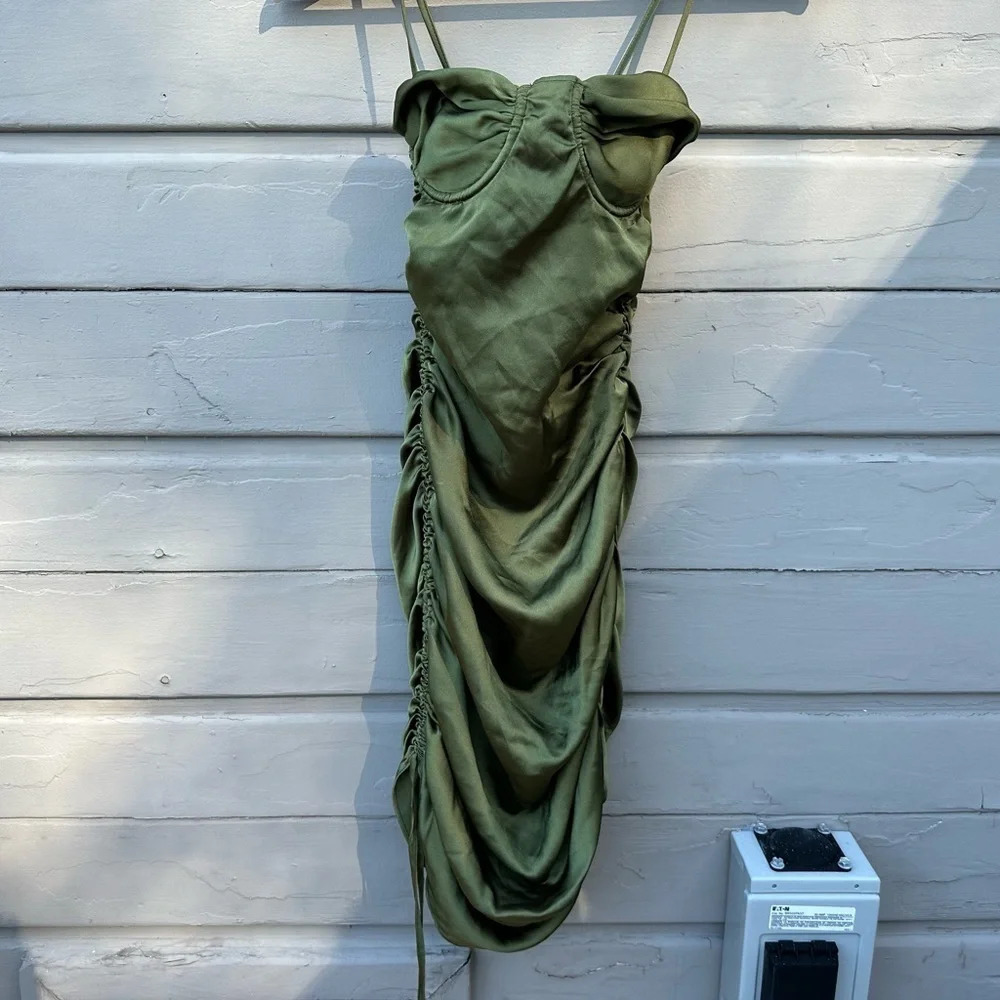 Mistress Rocks 'AFTERGLOW' Olive Asymmetric Ruched Mini Dress size XS - Picture 5 of 9